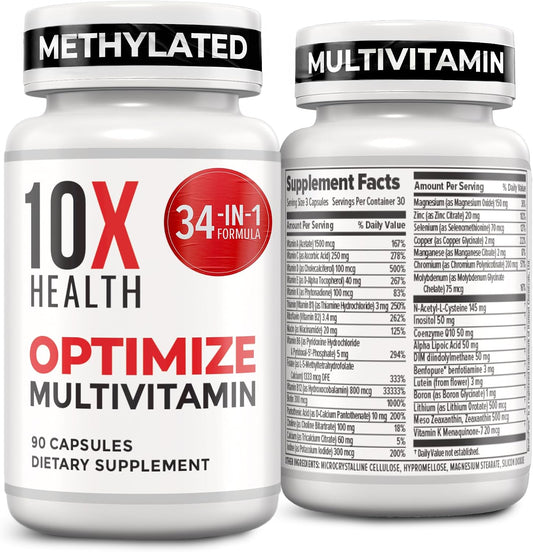 10X Health Methylated Multivitamin - 90 Capsules | Mthfr Supplement: 34-in-1 Formula, 800mcg B12, 5-MTHF & NAC, Methyl B Complex, Non-GMO