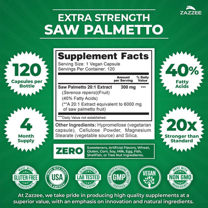 Zazzee Extra Strength Saw Palmetto 20:1 Extract, 40% Fatty Acids, 120 Vegan Capsules, 4 Month Supply, Serenoa Repens, Daily Wellness & Men’s Health Support, Herbal Supplement, Non-GMO, Made in the USA