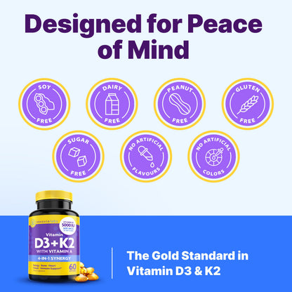 InnovixLabs Vitamin D3 K2-5000 IU Vitamin D3 Plus 600 mcg Vitamin K2 MK4 and MK7 for Max Calcium Absorption, Supports Bone, Immune, Heart Health, 3rd Party Tested, Gluten Free, 60 Softgels