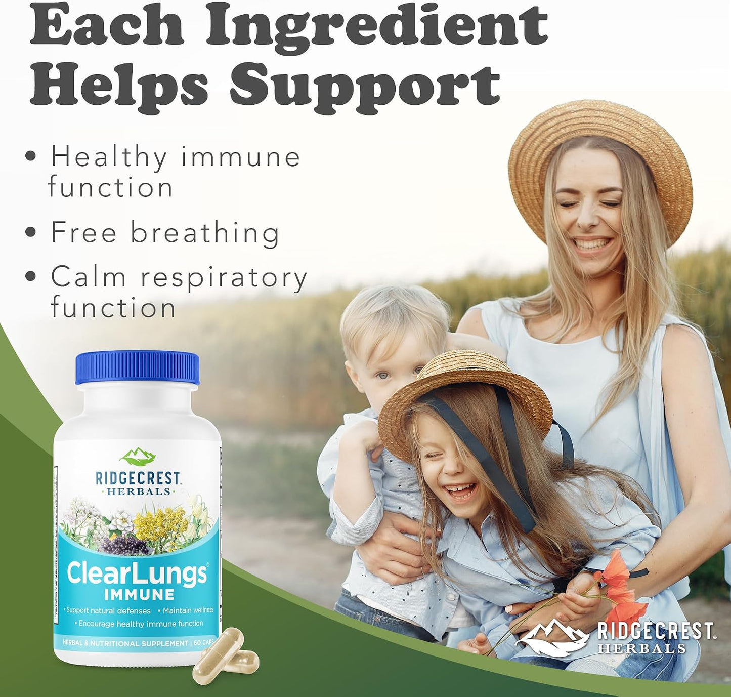 RidgeCrest Herbals ClearLungs Immune Mullein, Elderberry and Zinc 60 Ct | 30 Servings, Vitamin C and A, Olive Leaf, Mullein, Natural Respiratory Wellness, Vegan Capsules, Daily Immune Blend