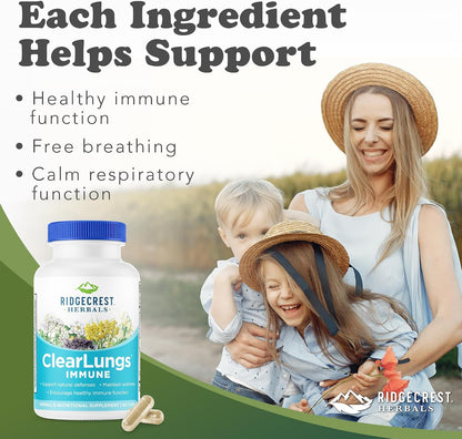 RidgeCrest Herbals ClearLungs Immune Mullein, Elderberry and Zinc 60 Ct | 30 Servings, Vitamin C and A, Olive Leaf, Mullein, Natural Respiratory Wellness, Vegan Capsules, Daily Immune Blend