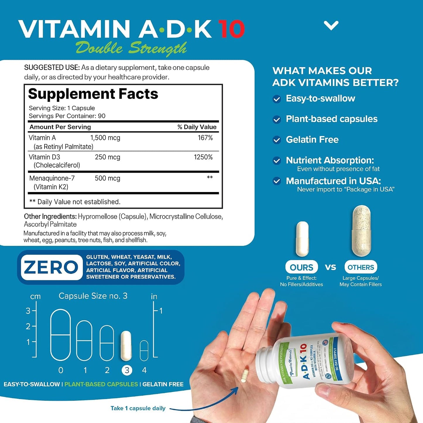 Power By Naturals ADK 10 Vitamin Supplement – Vitamins A, D3 & K2 MK-7 for Bone, Heart & Immune Health – Gluten-Free, Soy-Free – 90 Capsules (3-Month Supply)