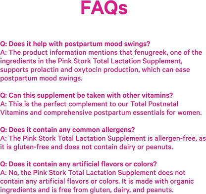 Pink Stork Total Lactation Supplement for Breast Milk Supply, Organic Fenugreek and Alfalfa to Support Breastfeeding, Milk Flow, and Production, Postpartum Essentials - 60 Capsules