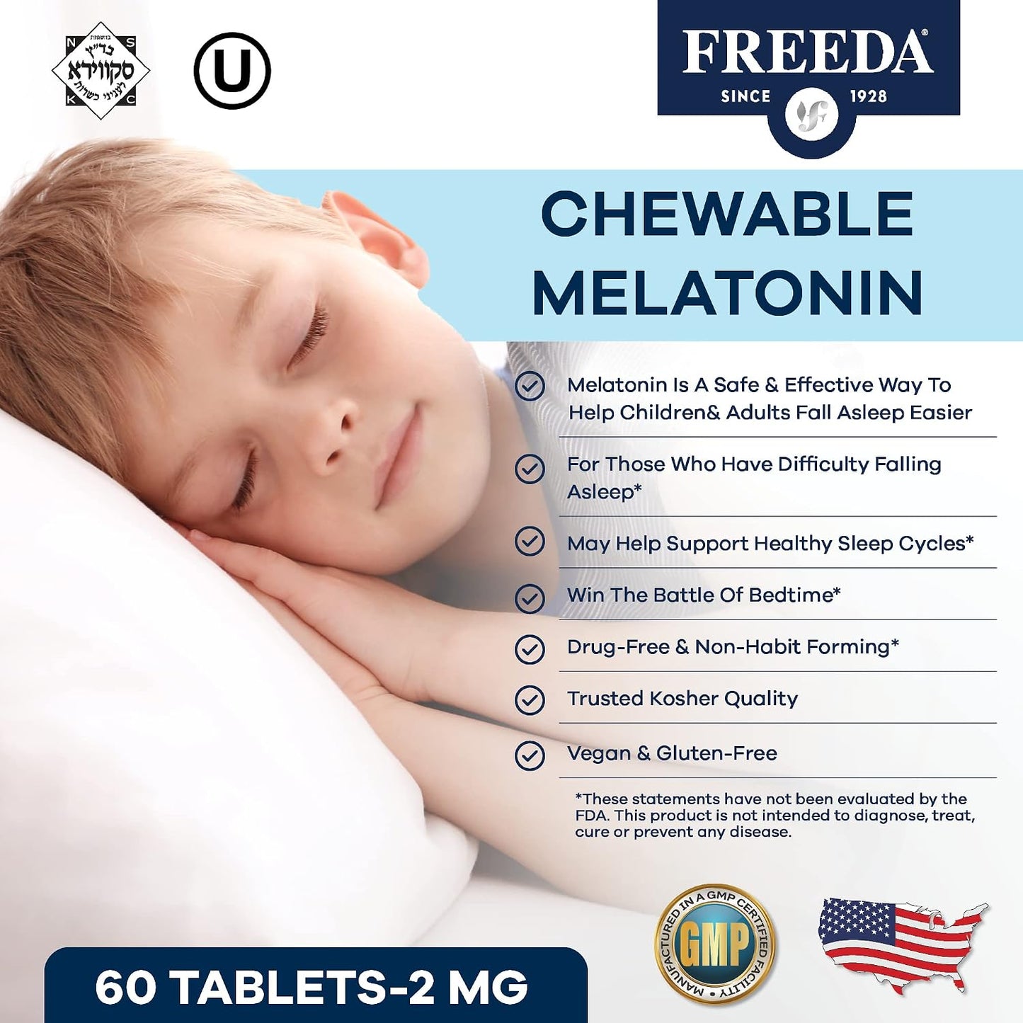 FREEDA Melatonin 2mg Sugar-Free Chewable for Sleep Support – 60 Tablets | Supports Healthy Sleep Cycles – Fruit-Flavored Chewables for Kids & Adults – Non-GMO, Vegan, Kosher, & Gluten-Free