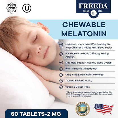 FREEDA Melatonin 2mg Sugar-Free Chewable for Sleep Support – 60 Tablets | Supports Healthy Sleep Cycles – Fruit-Flavored Chewables for Kids & Adults – Non-GMO, Vegan, Kosher, & Gluten-Free