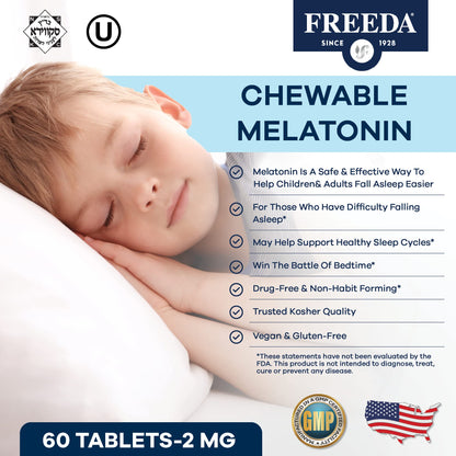 FREEDA Melatonin 2mg Sugar-Free Chewable for Sleep Support – 60 Tablets | Supports Healthy Sleep Cycles – Fruit-Flavored Chewables for Kids & Adults – Non-GMO, Vegan, Kosher, & Gluten-Free