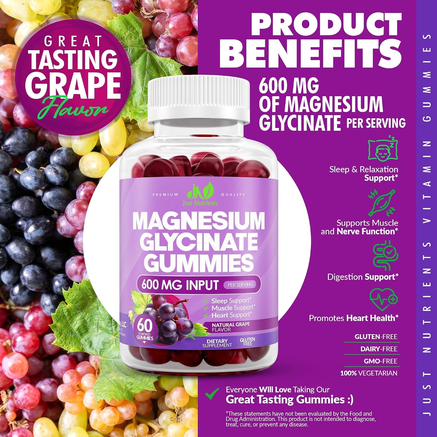 Magnesium Glycinate 600mg Gummies | Support for Sleep, Nerves, Immunity, Heart, Bones & Digestion - Natural Grape Flavor - 60 count