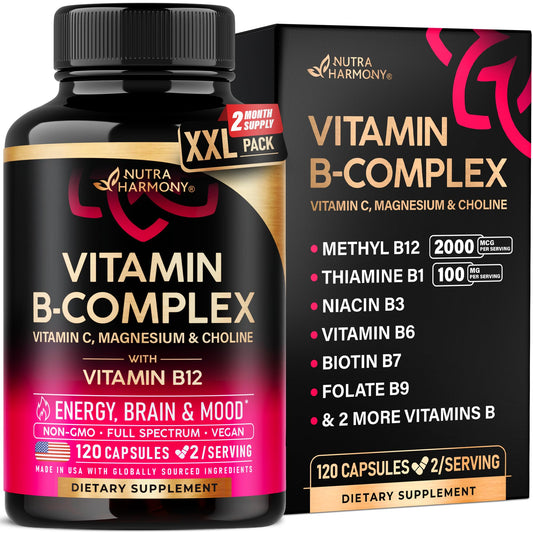 Vitamin B Complex for Men & Women - Made in USA - 11-in-1 B-Complex: B1, B2, B3, B5, B6, B7, B8, B9, B12 with Vitamin C, Choline, Inositol - Energy, Brain & Heart Support Supplement, 60 Vegan Capsules