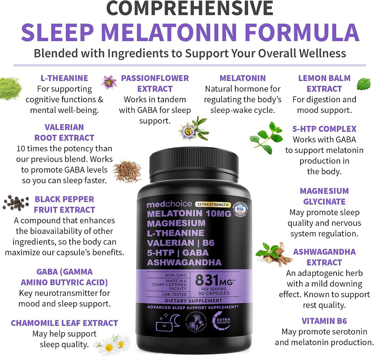 MEDCHOICE Methyl B Complex Capsules and Melatonin Sleep Extra Strength 10mg Melatonin - Active B Vitamin Complex and Nightly Sleep Support with Magnesium and Ashwagandha