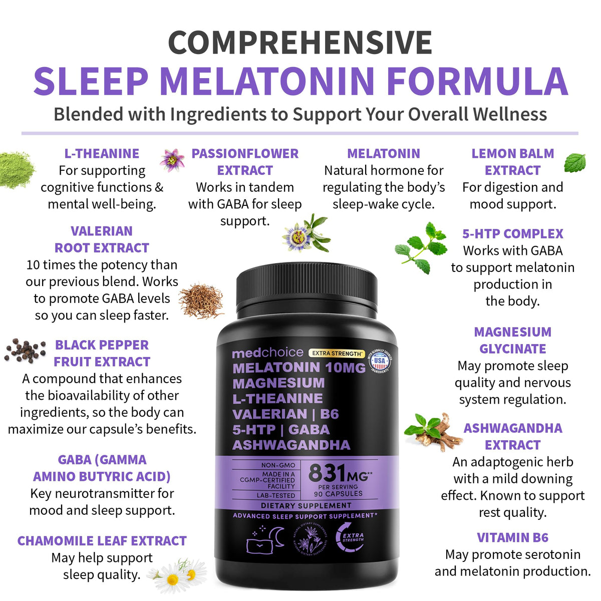 MedChoice 12-in-1 Melatonin 10mg Extra Strength Sleep Capsules, 90ct