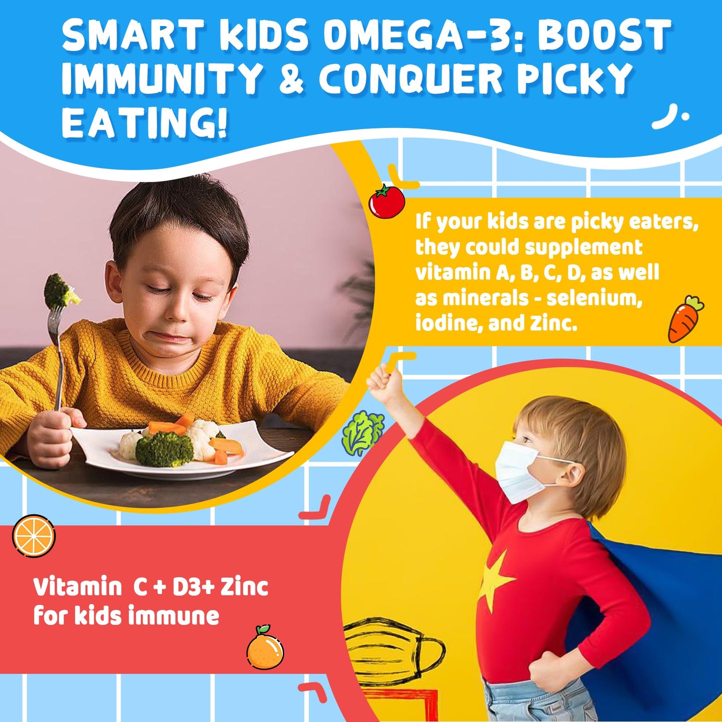 Nextdia Omega 3 (EPA/DHA) Filled Gummies for Kids Teen with Multivitamin, Calcium + D3 + K2 + Zinc, Plus Vitamin A B1 B2 B12 C, Selenium, Iodine for Brain, Eye, Bone, Energy, No Fish Taste, Sugar Free