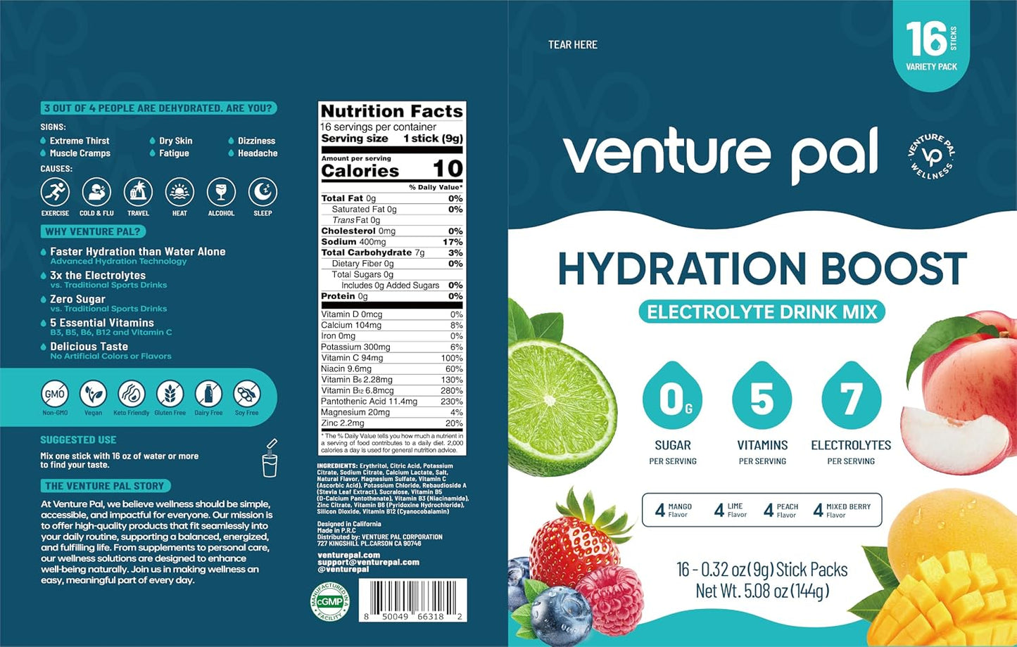 Venture Pal Sugar Free Electrolyte Powder, Liquid Daily IV Hydration Packet | 7 Electrolytes & 5 Vitamins Instantly Hydration, Electrolyte Dink Mix for Sports & Recovery, Vegan, Keto-Friendly, 16 Sticks