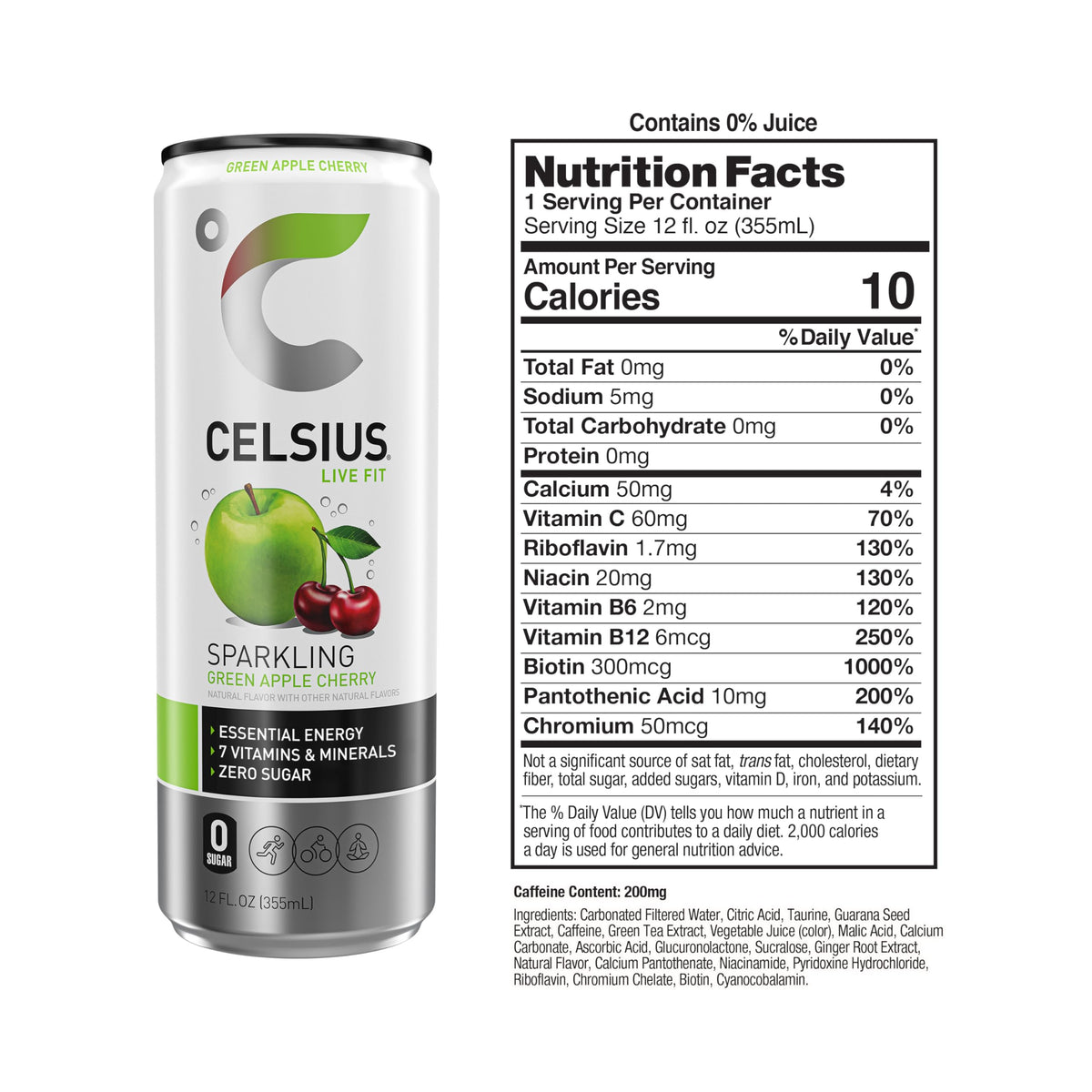 CELSIUS Sparkling Green Apple Cherry, Functional Essential Energy Drink, 12 Fl Oz