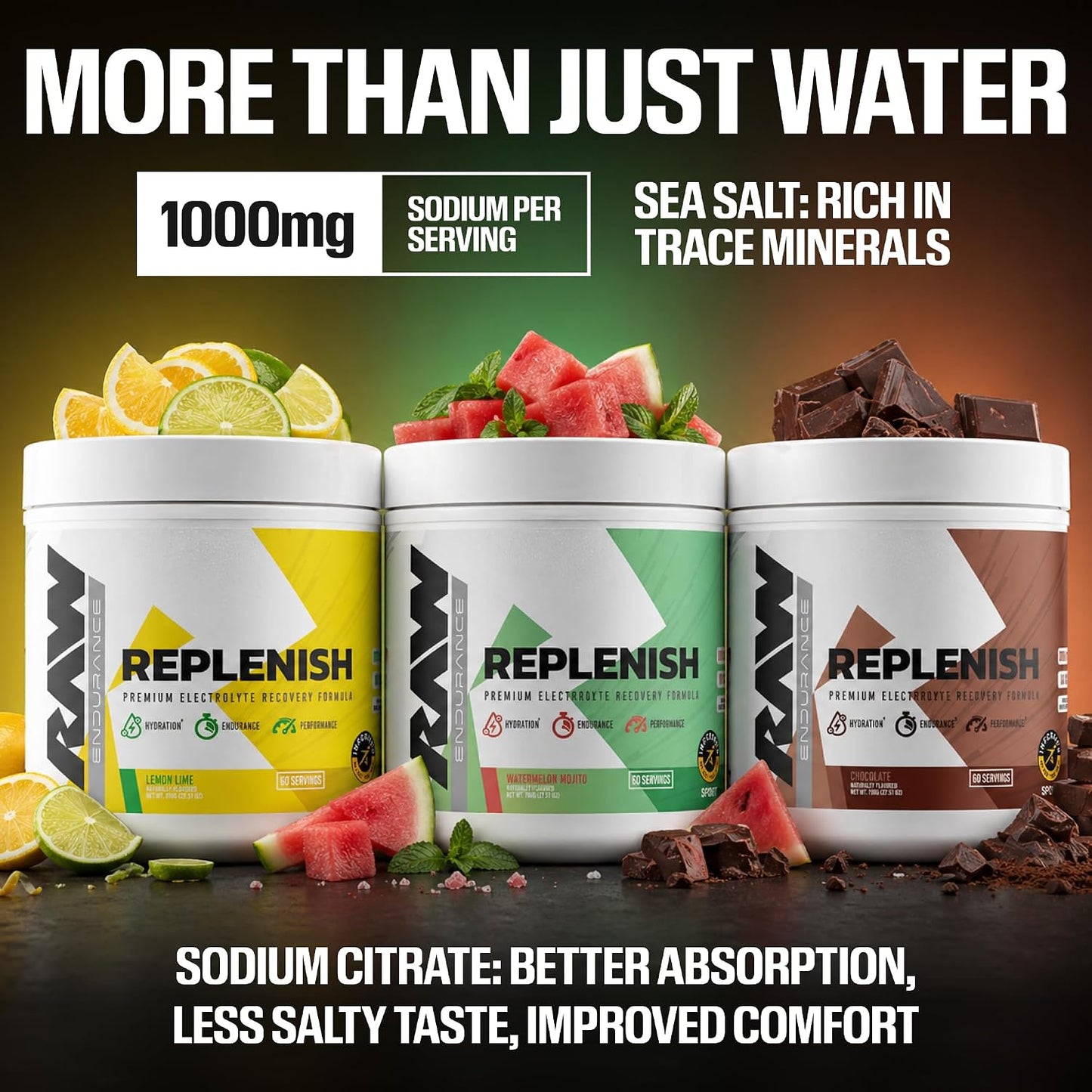 RAW Replenish, Premium Electrolytes Powder Recovery Formula, Lemon Lime (60 Servings) - Flavored Electrolyte Drink Mix Supplement for Hydration, Replenishment, Endurance & Performance Workouts
