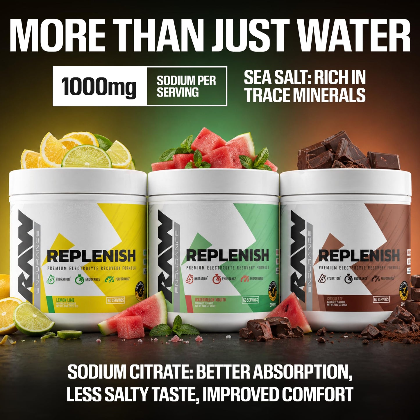 RAW Replenish, Premium Electrolytes Powder Recovery Formula, Lemon Lime (60 Servings) - Flavored Electrolyte Drink Mix Supplement for Hydration, Replenishment, Endurance & Performance Workouts