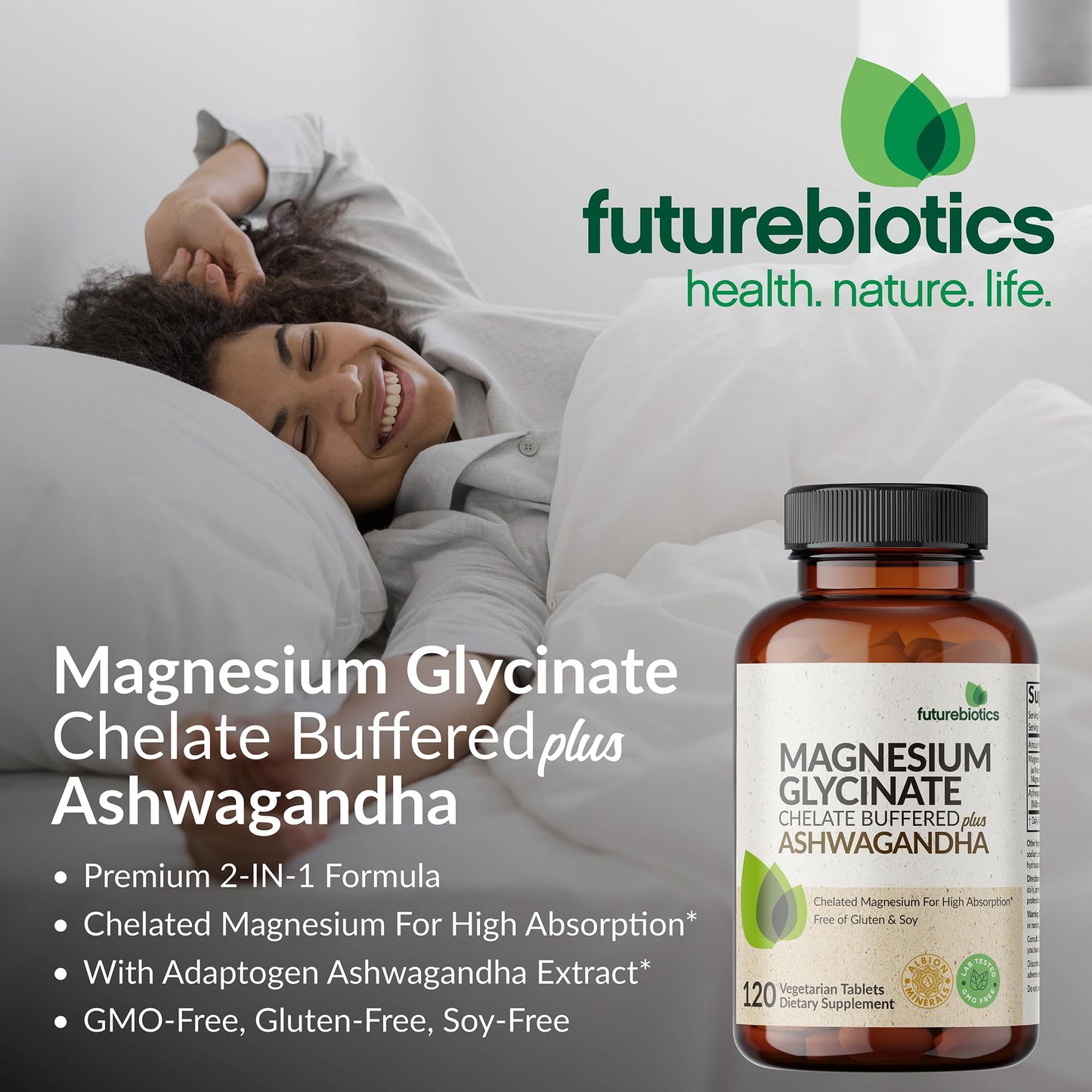 Futurebiotics Magnesium Glycinate + Ashwagandha, 60 Tablets | 2-in-1 Stress & Mood Support, High Absorption, Gentle On The Stomach, Non-GMO, Gluten Free, Soy Free