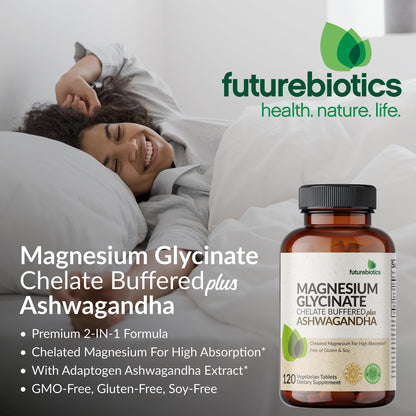 Futurebiotics Magnesium Glycinate + Ashwagandha, 60 Tablets | 2-in-1 Stress & Mood Support, High Absorption, Gentle On The Stomach, Non-GMO, Gluten Free, Soy Free