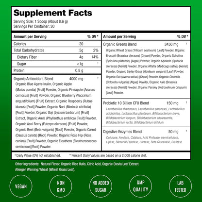 SuperGreens Powder, 40+ Organic Superfoods, Probiotics & Enzymes for Energy, Digestion, Gut Health & Bloating | Organic Fruit & Veggie Drink Mix, Daily Green Juice Smoothie Blend, Spinach, Noni Plus