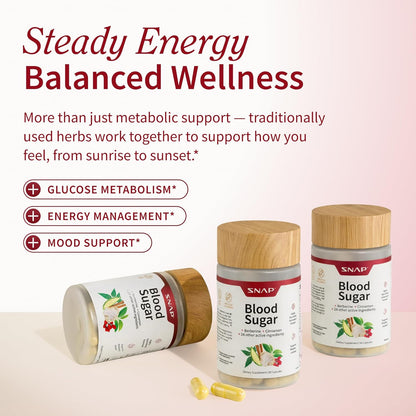 Snap Supplements Blood Sugar Blend with Berberine, CoQ10, 60 Vegan Capsules | Support Already Healthy Blood Sugar, Metabolic Health and Energy, Sugar Free, with CoQ10, Cinnamon (Packaging May Vary)