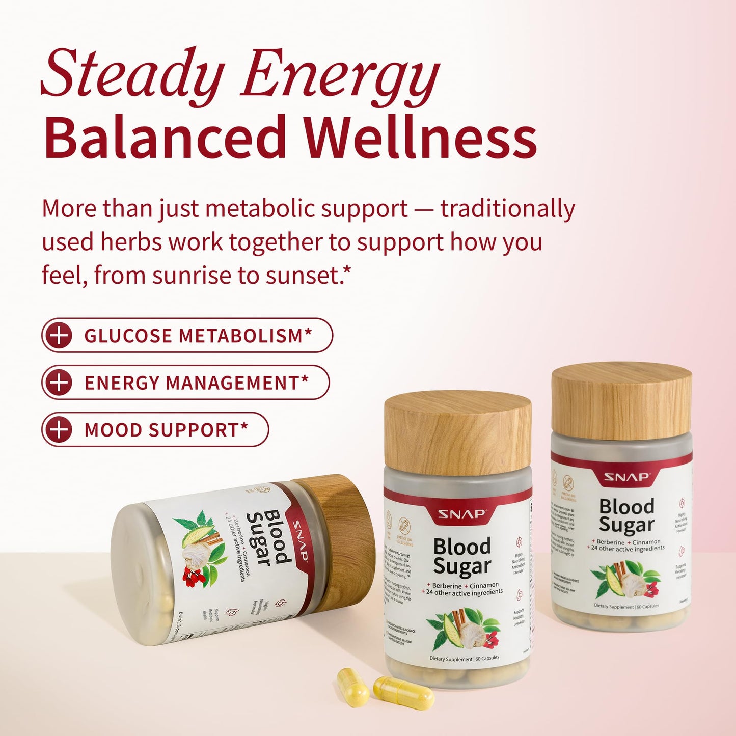 Snap Supplements Blood Sugar Blend with Berberine, CoQ10, 60 Vegan Capsules | Support Already Healthy Blood Sugar, Metabolic Health and Energy, Sugar Free, with CoQ10, Cinnamon (Packaging May Vary)