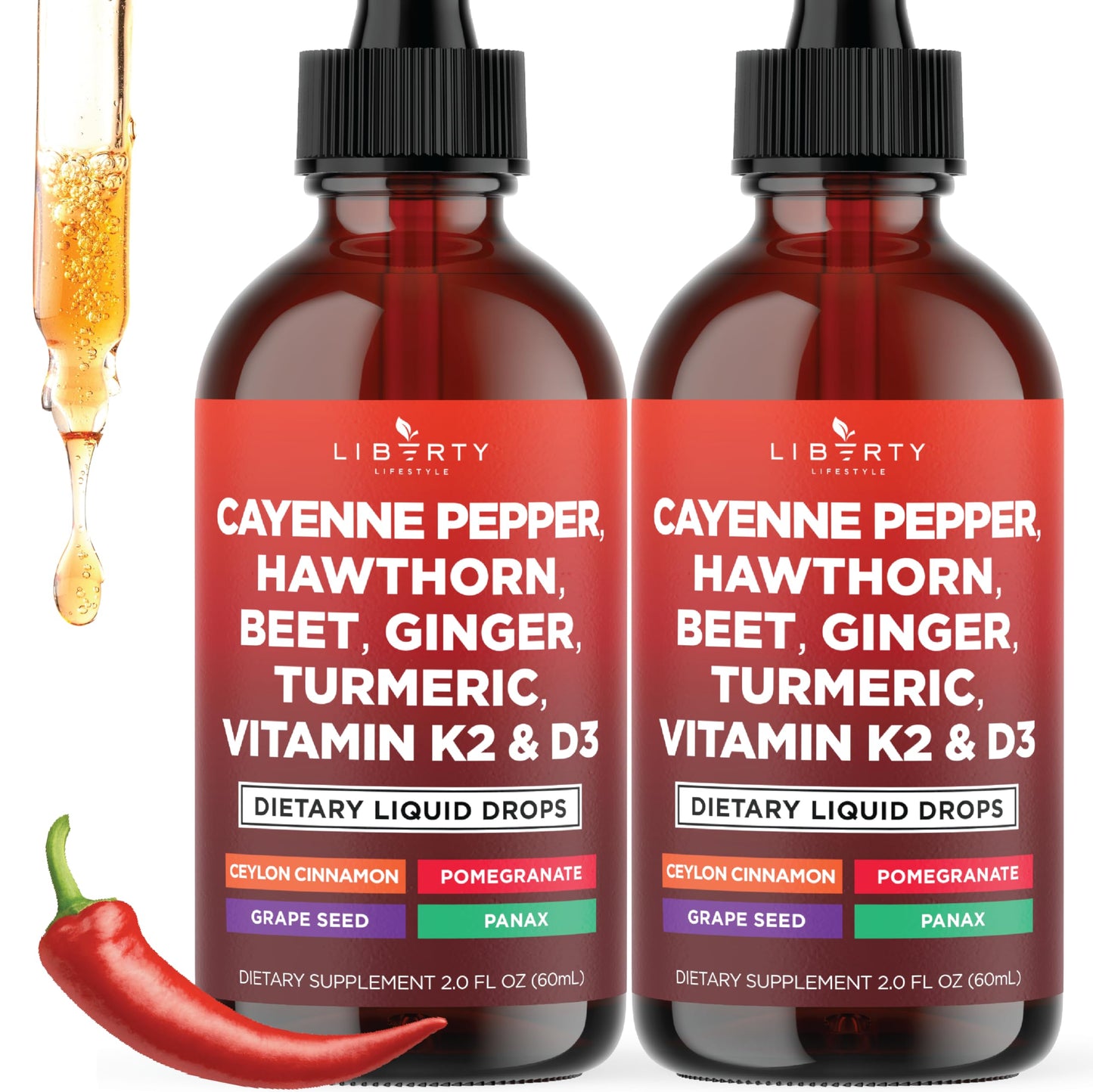 Cayenne Pepper Supplement Liquid Drops + Hawthorn Berry, Vitamin D3 K2 Beet Root Powder, Ceylon Cinnamon, Turmeric Curcumin, Organic Panax Ginseng - 4oz