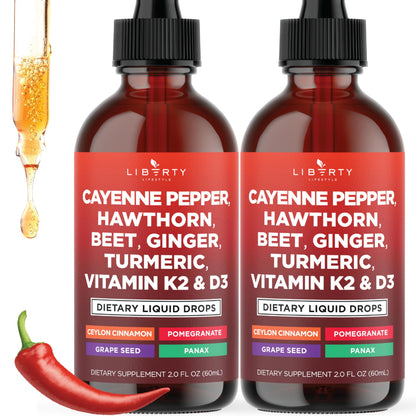 Cayenne Pepper Supplement Liquid Drops + Hawthorn Berry, Vitamin D3 K2 Beet Root Powder, Ceylon Cinnamon, Turmeric Curcumin, Organic Panax Ginseng - 4oz