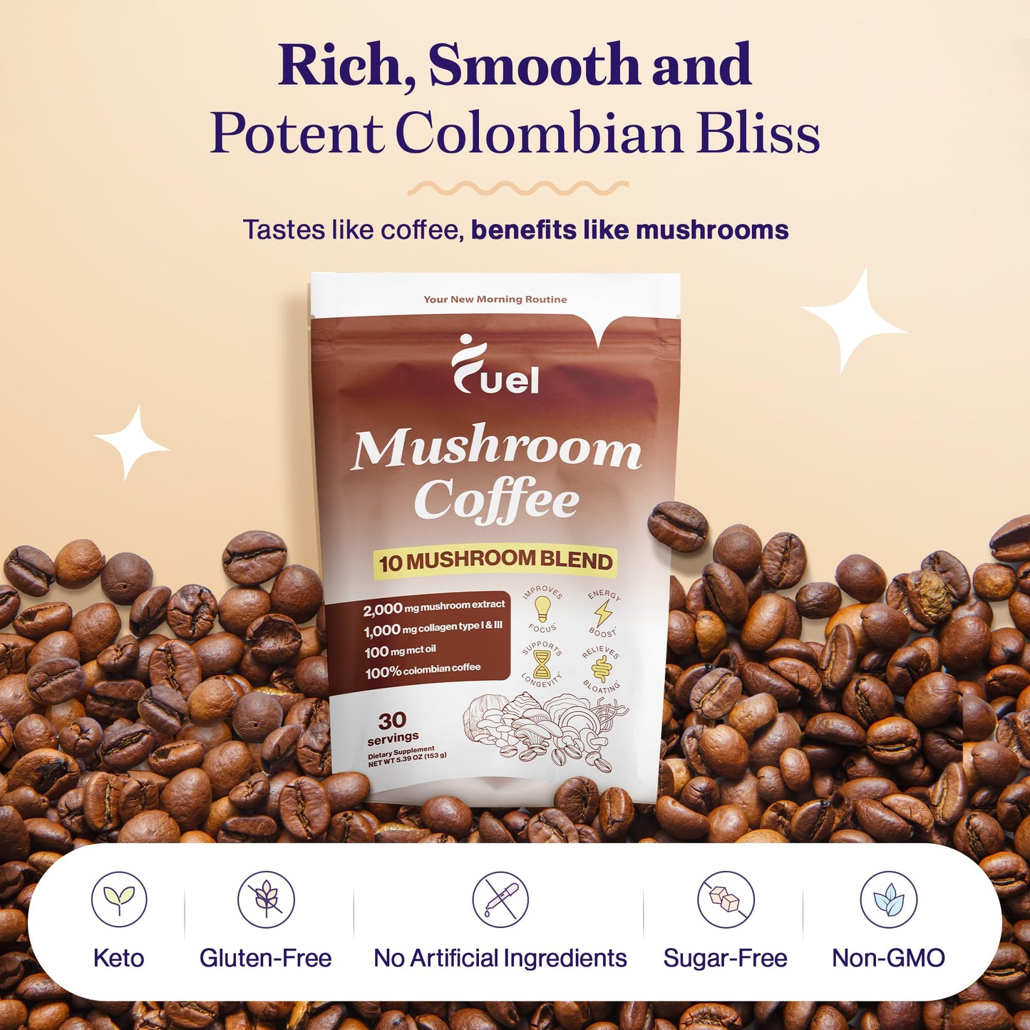Fuel Brain Boost Mushroom Coffee Nutrition, Organic Blend for Gut Health, Lion's Mane Powder, Chaga & Mushroom Powder Low Caffeine Instant Coffee, Nootropics Drink, 30 Servings