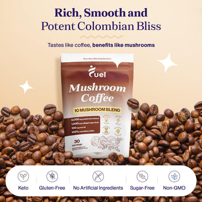 Fuel Brain Boost Mushroom Coffee Nutrition, Organic Blend for Gut Health, Lion's Mane Powder, Chaga & Mushroom Powder Low Caffeine Instant Coffee, Nootropics Drink, 30 Servings