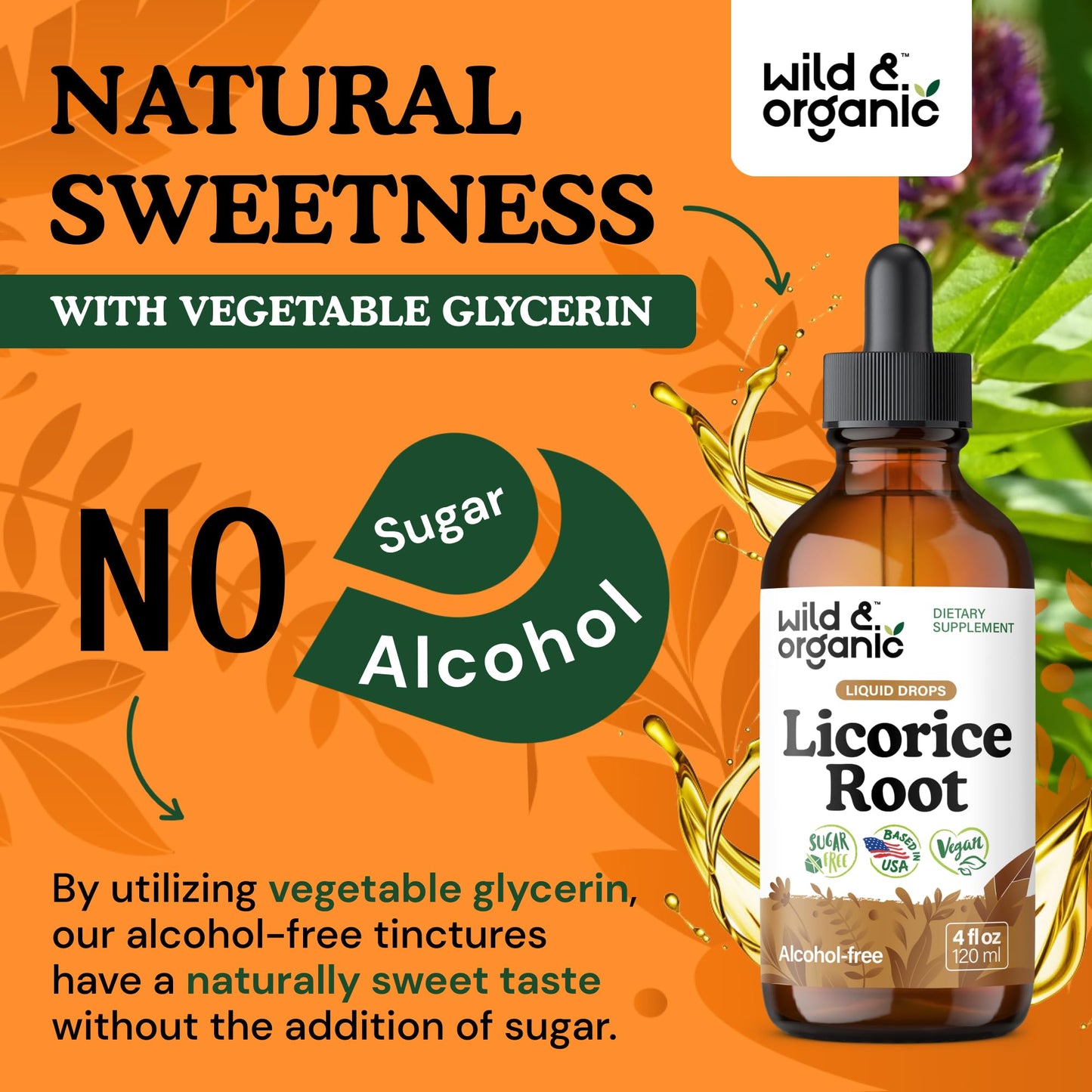 Wild & Organic Licorice Root Tincture - Digestive, Lung & Skin Support - Licorice Root Extract Liquid Drops - Vegan, Sugar & Alcohol-Free Supplement - 4 fl oz