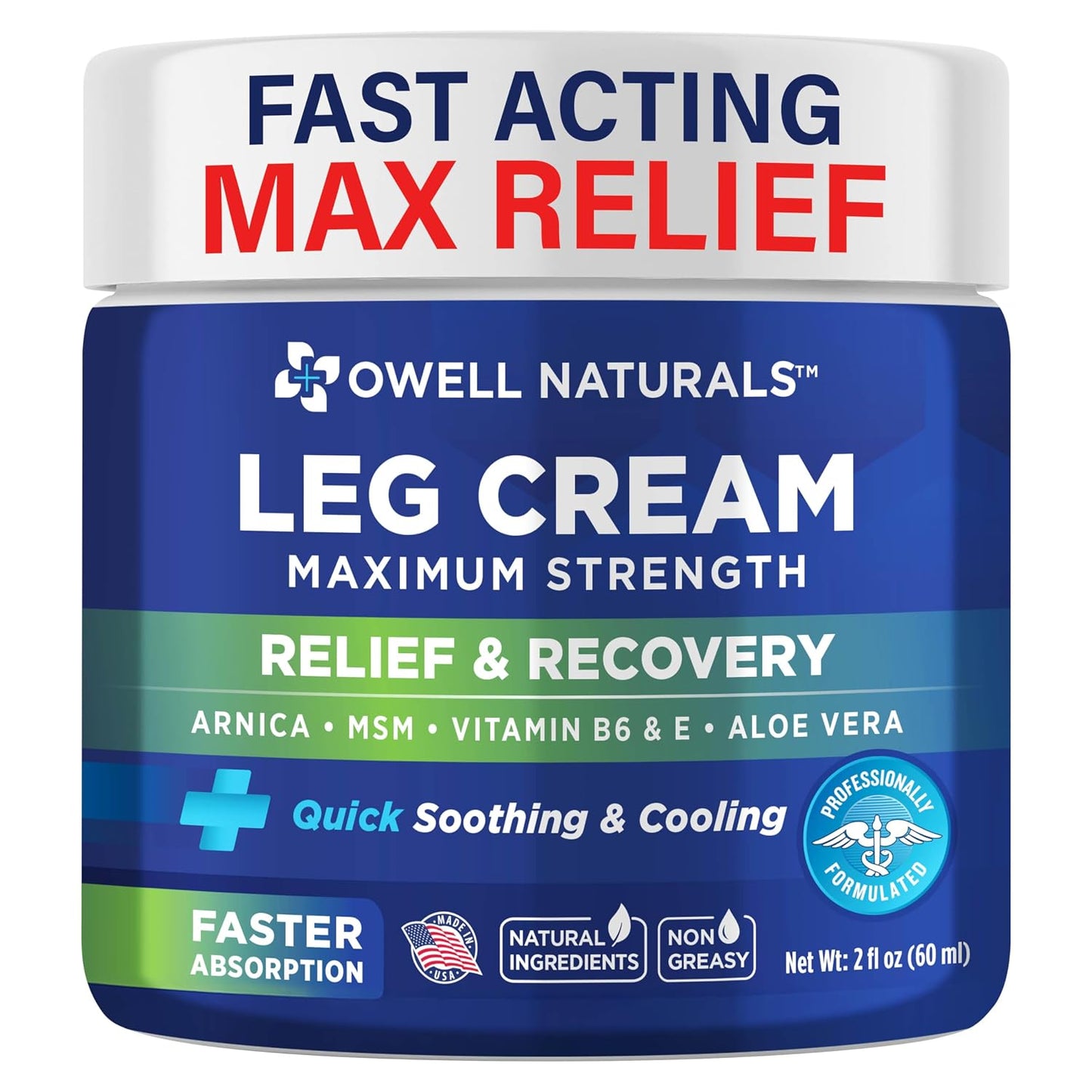 OWELL NATURALS Relief Legs Cream, Deep Penetrating Soothing Formula, Fast Acting & Maximum Strength with Arnica, Aloe Vera Vitamin E, for Muscles, Calf, foot, ankle, 2 oz