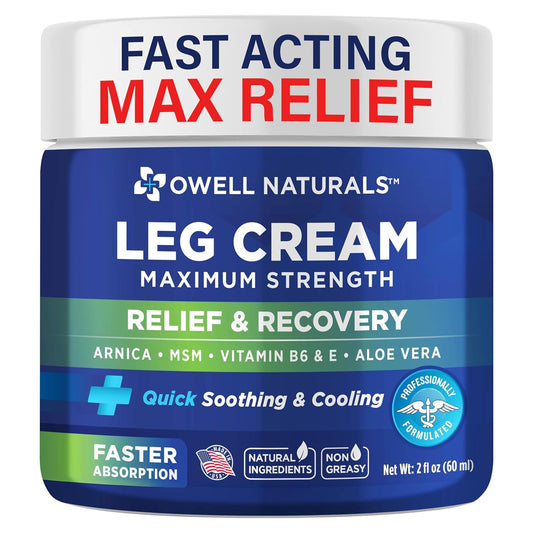 OWELL NATURALS Relief Legs Cream, Deep Penetrating Soothing Formula, Fast Acting & Maximum Strength with Arnica, Aloe Vera Vitamin E, for Muscles, Calf, foot, ankle, 2 oz