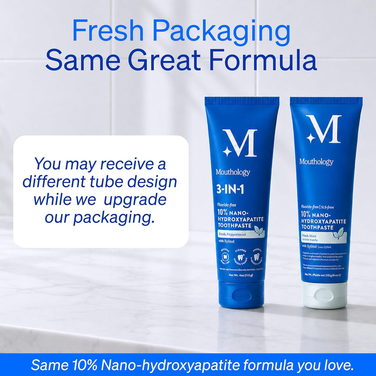 Mouthology 10% Nano Hydroxyapatite Toothpaste Fluoride Free, Whitening*, Rod Shaped nHA, Xylitol Toothpaste for Adults, Enamel Care*, Sensitive Teeth*, SLS Free, Mint 4oz (USA Made) Package May Vary