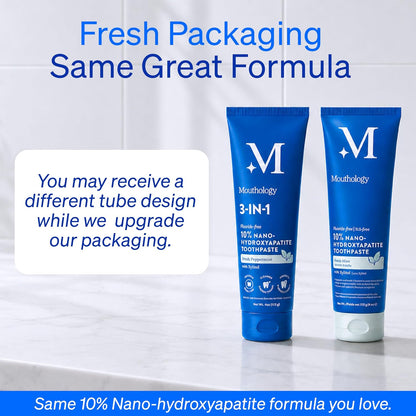 Mouthology 10% Nano Hydroxyapatite Toothpaste Fluoride Free, Whitening*, Rod Shaped nHA, Xylitol Toothpaste for Adults, Enamel Care*, Sensitive Teeth*, SLS Free, Mint 4oz (USA Made) Package May Vary