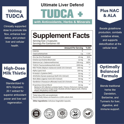 Totaria TUDCA 1000mg Liver Support Supplement with Milk Thistle, NAC, ALA, 80% Silymarin, 15-in-1 Extra Strength Bile Salts, for Liver Cleanse Detox & Repair, Gallbladder, Non-GMO, 120 Capsules