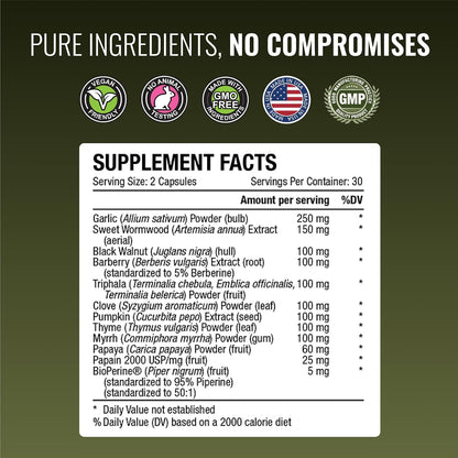 Approved Science Parastrin - Intestinal Detox Cleanse for Humans - Sweet Wormwood Capsules, Black Walnut Hull, Clove, Garlic, Pumpkin, Papain 2000, BioPerine - Men and Women - Vegan - 60 Capsules