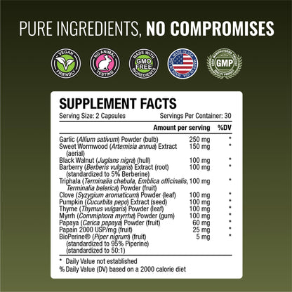 Approved Science Parastrin - Intestinal Detox Cleanse for Humans - Sweet Wormwood Capsules, Black Walnut Hull, Clove, Garlic, Pumpkin, Papain 2000, BioPerine - Men and Women - Vegan - 60 Capsules