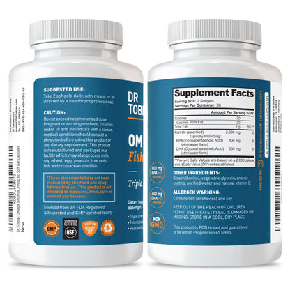 Dr. Tobias Omega 3 Fish Oil 2000mg Triple Strength | 180 Softgels | Heart, Brain & Joint Support | 2,000 mg Fish Oil | 800 mg EPA + 600 mg DHA | Delayed Release Omega 3 Supplement | 90 Servings