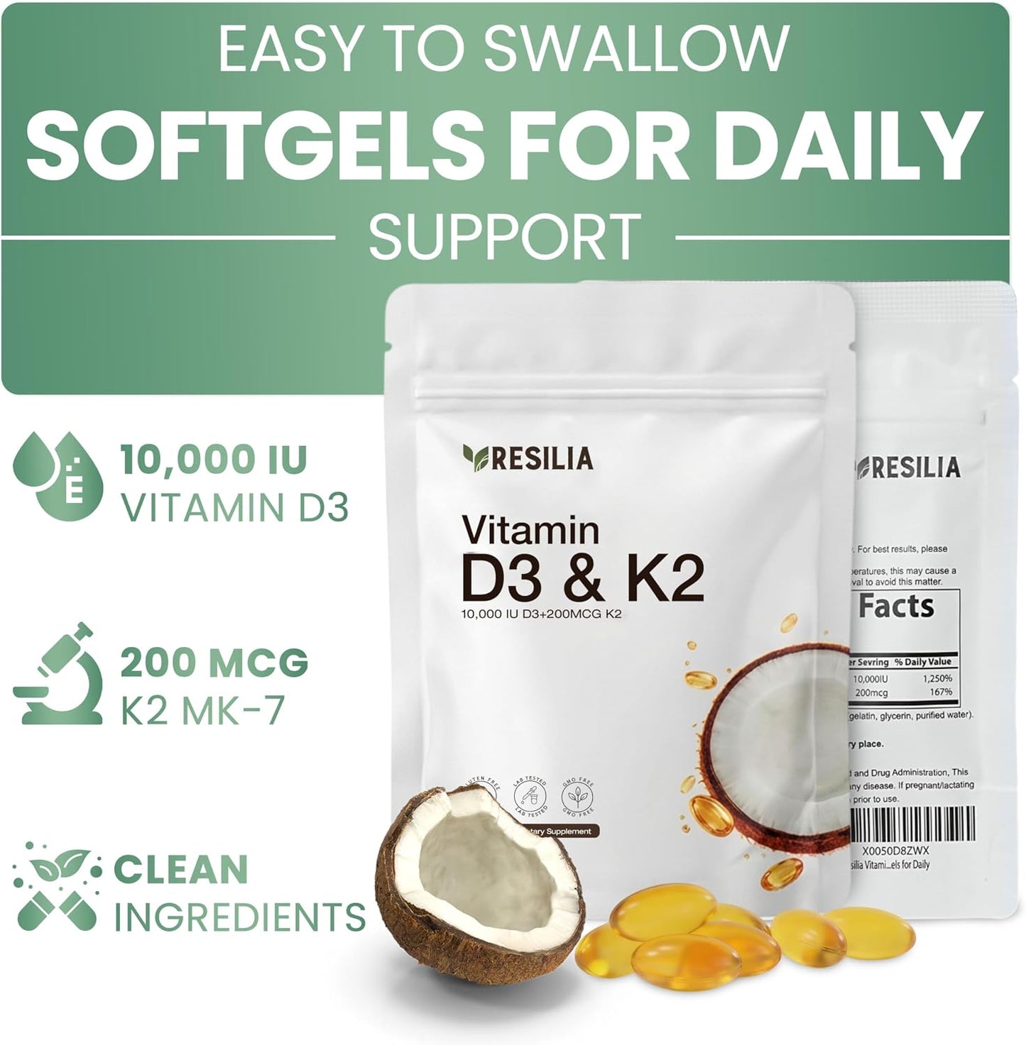 Resilia D3 K2 Vitamin 10000 IU + MK-7 200 mcg – High Potency Softgels with Coconut Oil for Maximum Absorption – Supports Bone Strength, Heart Health & Immune System – (30 Count)