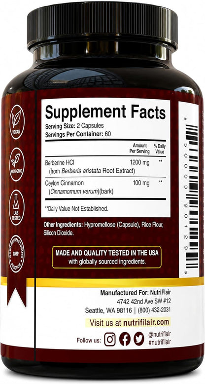 NutriFlair Berberine HCl 1200mg, 120 Capsules - Plus Ceylon Cinnamon, Berberine HCI Root Supplements Pills - Made in USA