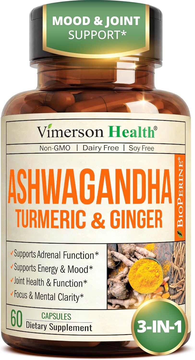 Ashwagandha Capsules with Turmeric & Ginger for Energy, Mood & Joints 60 Ct