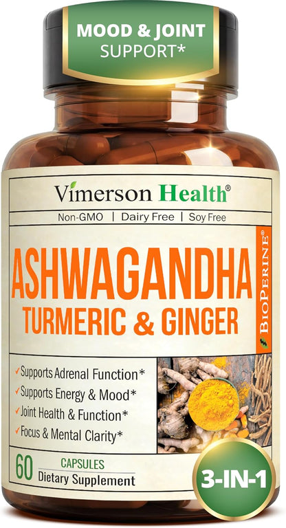 Ashwagandha Capsules with Turmeric & Ginger for Energy, Mood & Joints 60 Ct