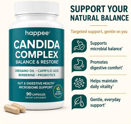 Happee Candida Cleanse Detox Supplement, Gut & Digestive Health, 90 Caps | For Women & Men - Yeast Overgrowth Support – Oregano, Caprylic Acid, Berberine & Probiotics