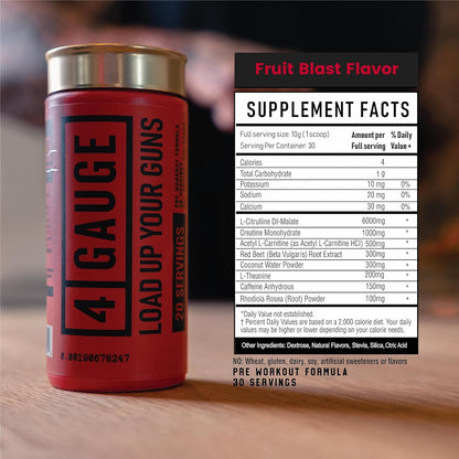 4 Gauge Explosive Preworkout Without The Jitters | 30 Servings | Nitric Oxide Booster | L-Citrullline, L-Carnitine, Creatine | No Artificial Ingredients (Fruit Blast)