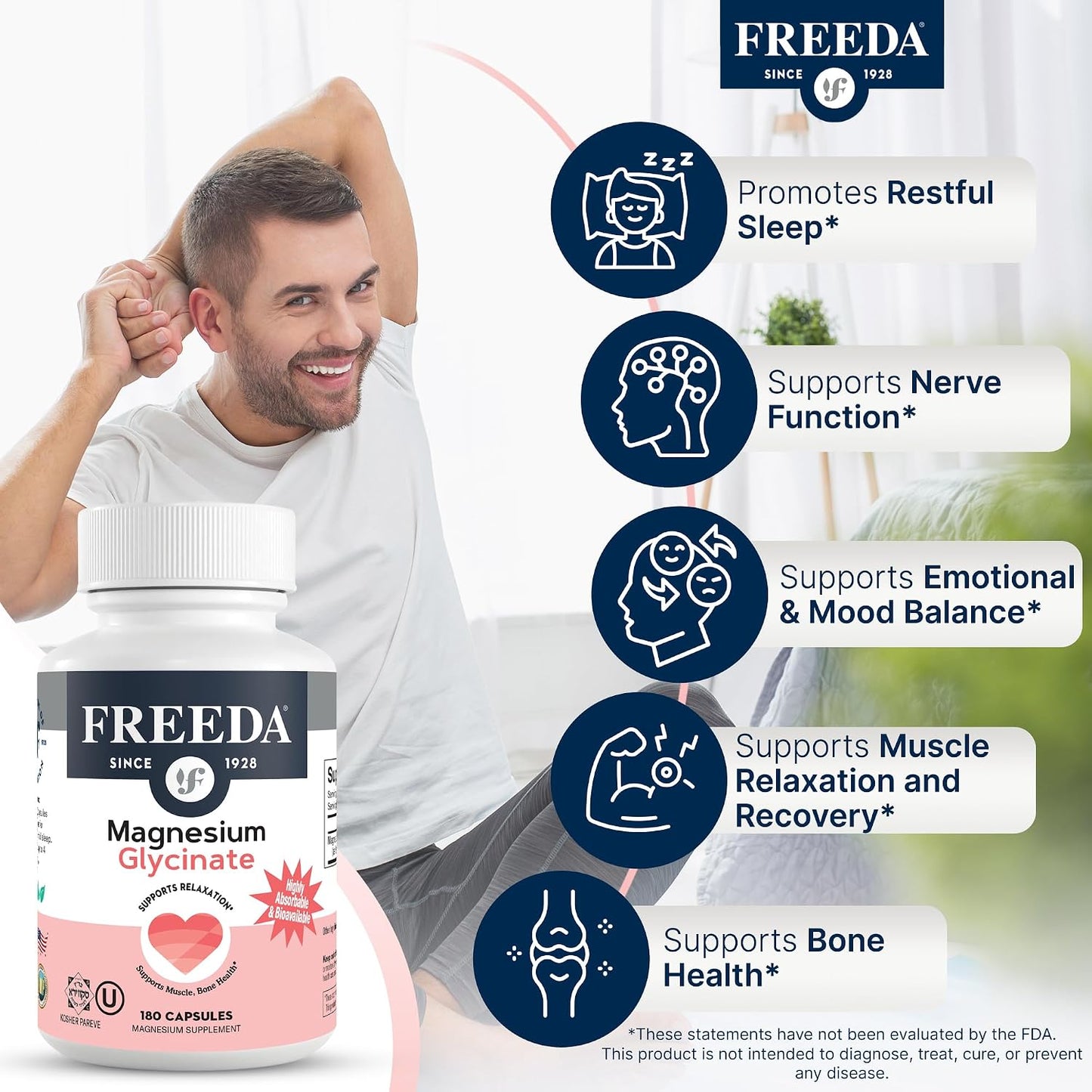 Freeda Magnesium Glycinate - High Absorption Chelated Magnesium - 90 Caps | Supports Sleep, Muscle & Nerve Function - Non-GMO, Vegan, Kosher - Gentle On Digestion - No Magnesium Oxide