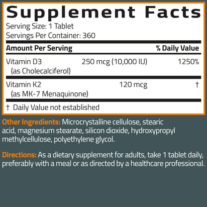 Bronson Vitamin K2 (MK7) with D3 Supplement Extra Strength 2 in 1 Support, 10,000 IU Vitamin D3 & 120 mcg K2 MK-7, 120 Tablets