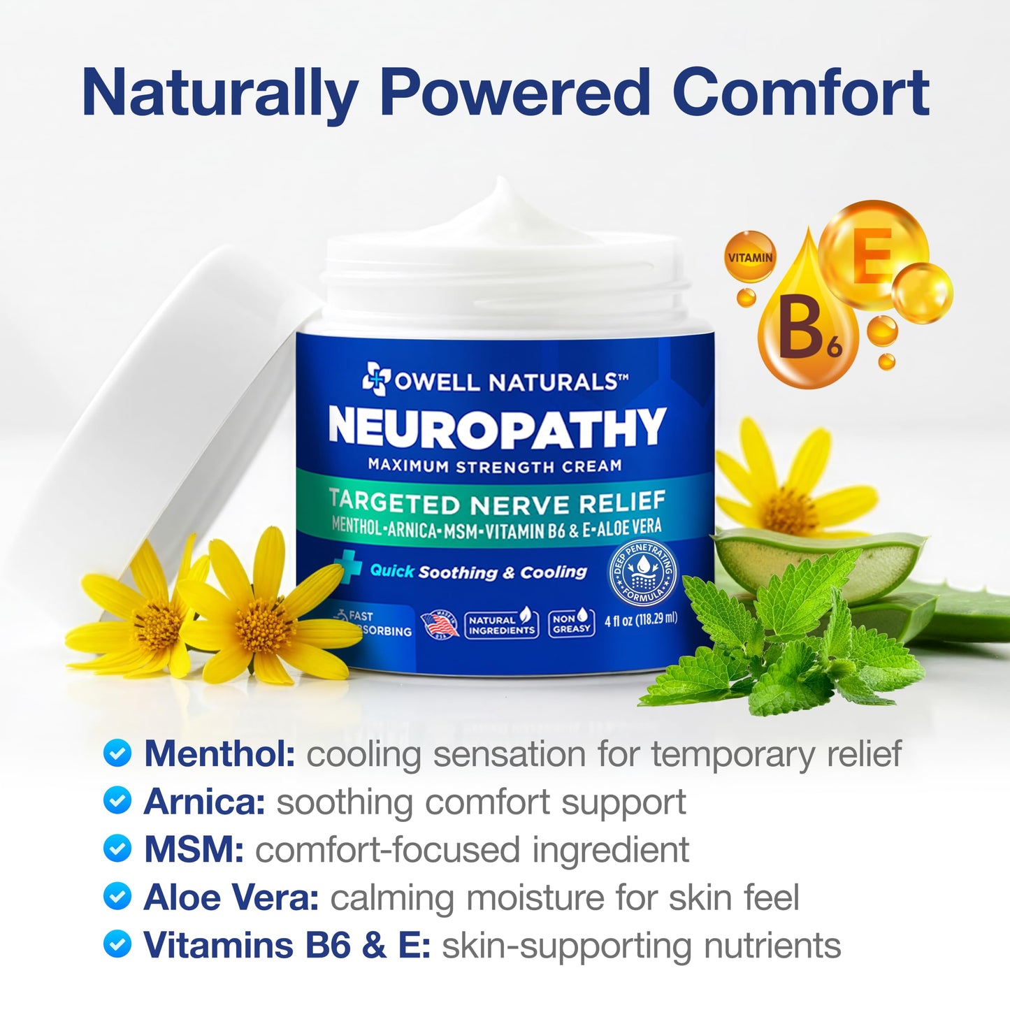 Owell Naturals Neuropathy Cream Extra Strength – Fast Absorbing Cooling for Leg, Feet & Hands – Advanced Soothing Formula with Aloe Vera, Arnica, MSM & Vitamin B6 – Made in USA, 2 fl oz
