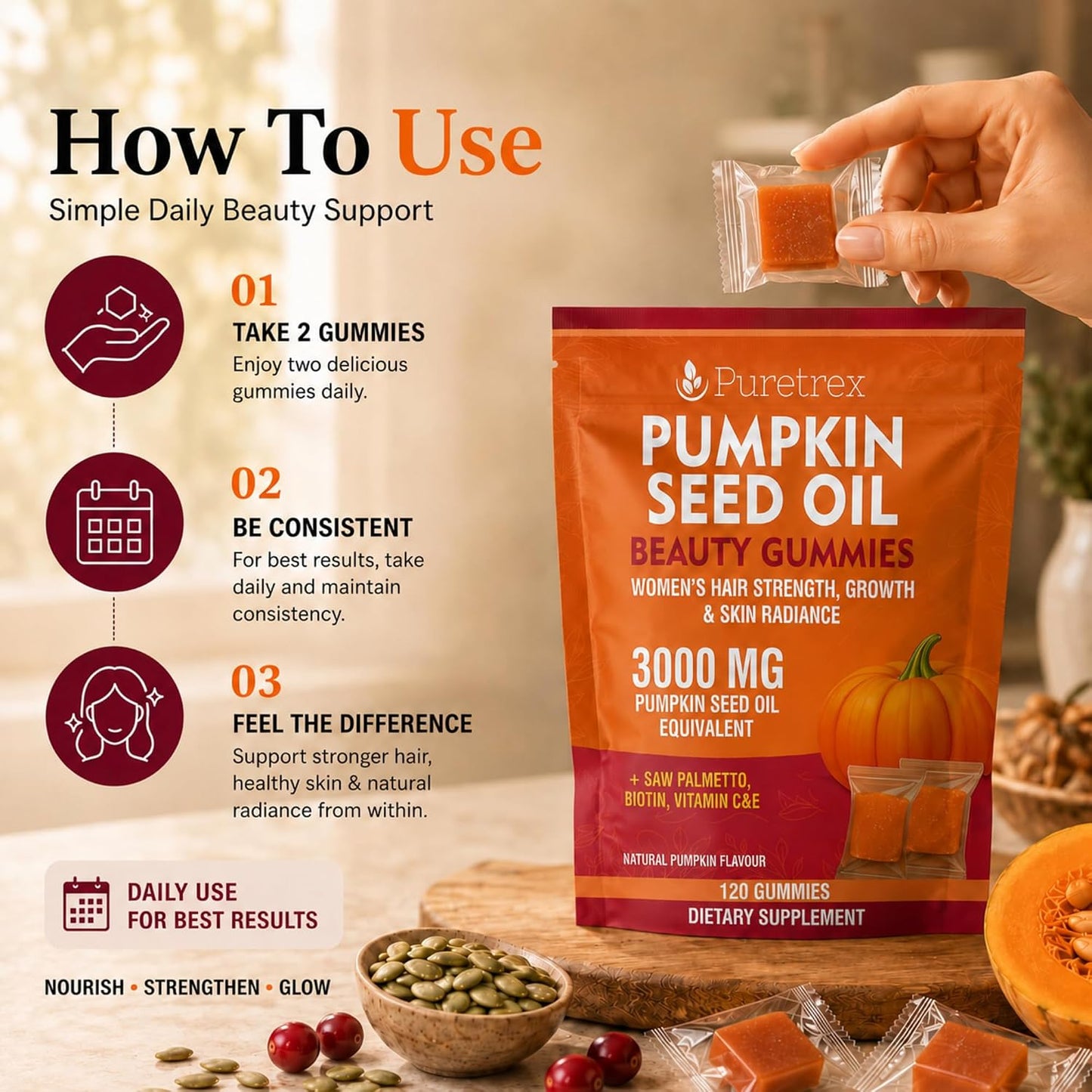 Pumpkin Seed Oil Beauty Gummies 3000mg, Saw Palmetto, 120 Vegan Chewables for Women Hair Growth, Strength, Skin Radiance, Biotin 2500mcg, Vitamin C, E, Zinc, Selenium, BioPerine, Pectin, Made in UK