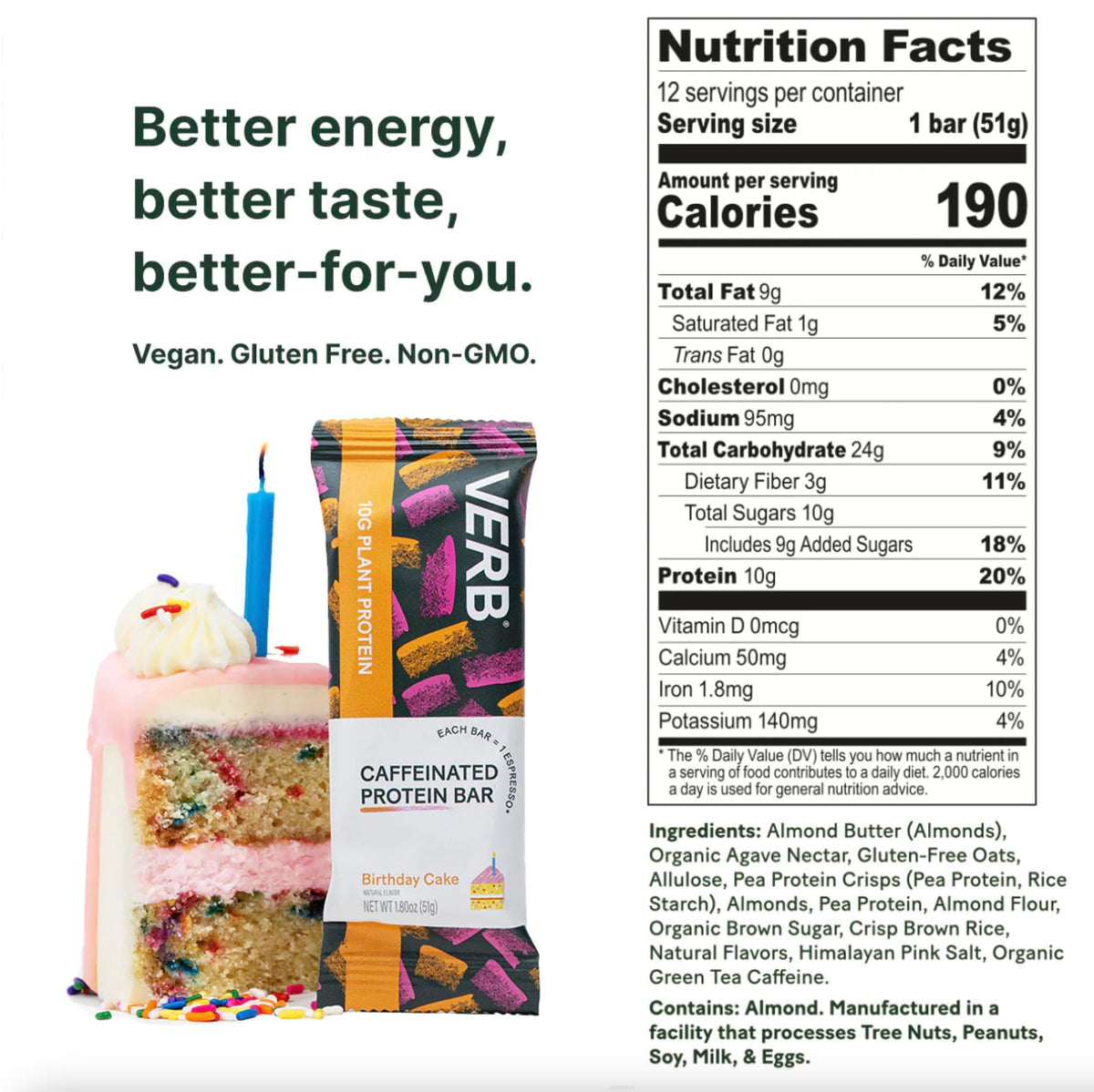 Verb Energy - Birthday Cake Caffeinated Protein Bars - 190-Calorie Low Sugar 10g Protein