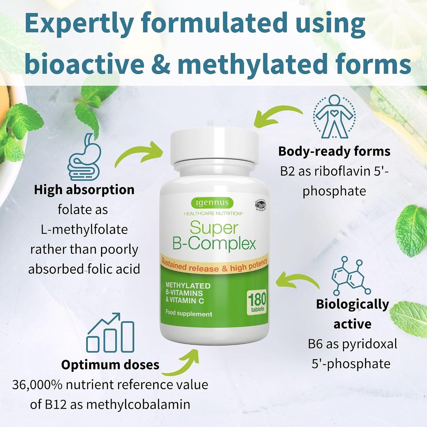 Super B-Complex 180 Tablets + Triple Magnesium Complex 180 Tablets Vegan Bundle, Methylated Sustained Release B Complex + High Absorption Chelated Magnesium Glycinate, Taurate & Citrate, by Igennus