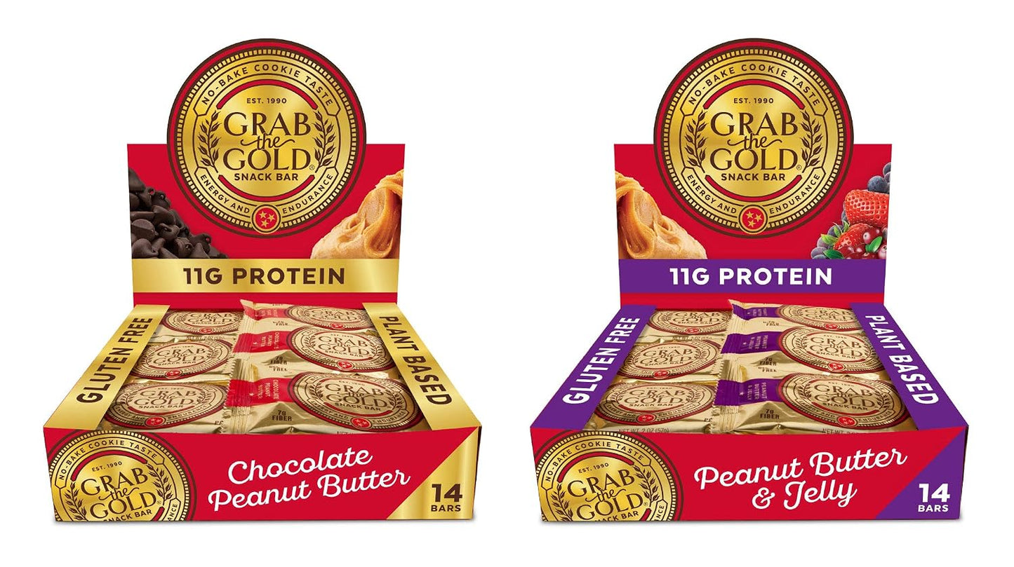 Grab The Gold Protein Snack Bar Bundle | Plant-Based Protein, Gluten-Free, Vegan, Dairy-Free, Kosher | 28 Count Variety Pack 14 Chocolate Peanut Butter & 14 Peanut Butter & Jelly, Made in USA